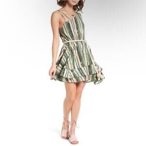 Free People Sz L Heart Shaped Face Asymmetrical Ruffled Mini Dress Green Boho